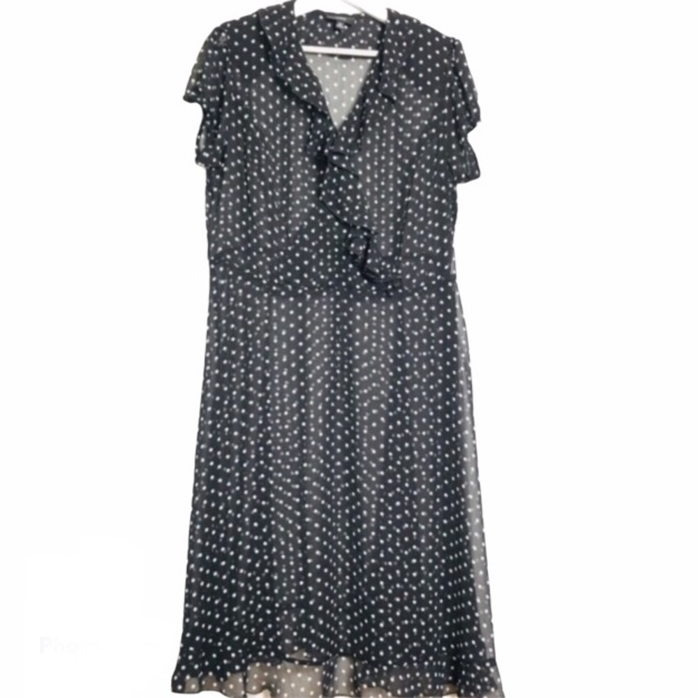 MSK Vintage Sheer Ruffled Black Polka Dots Midi Dress 14W